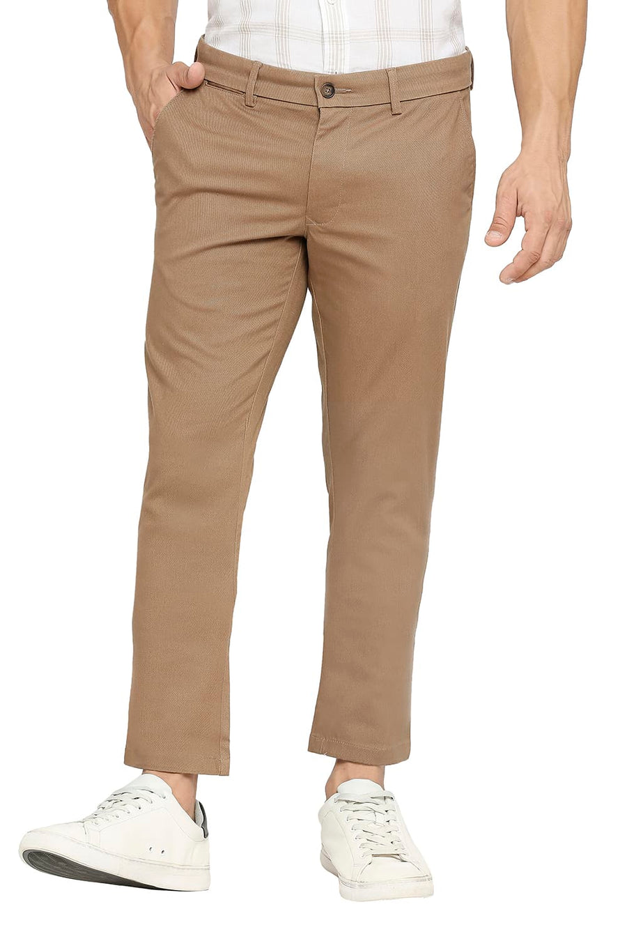 BASICS TAPERED FIT CARIBON BROWN COTTON STRETCH DOBBY TROUSERS