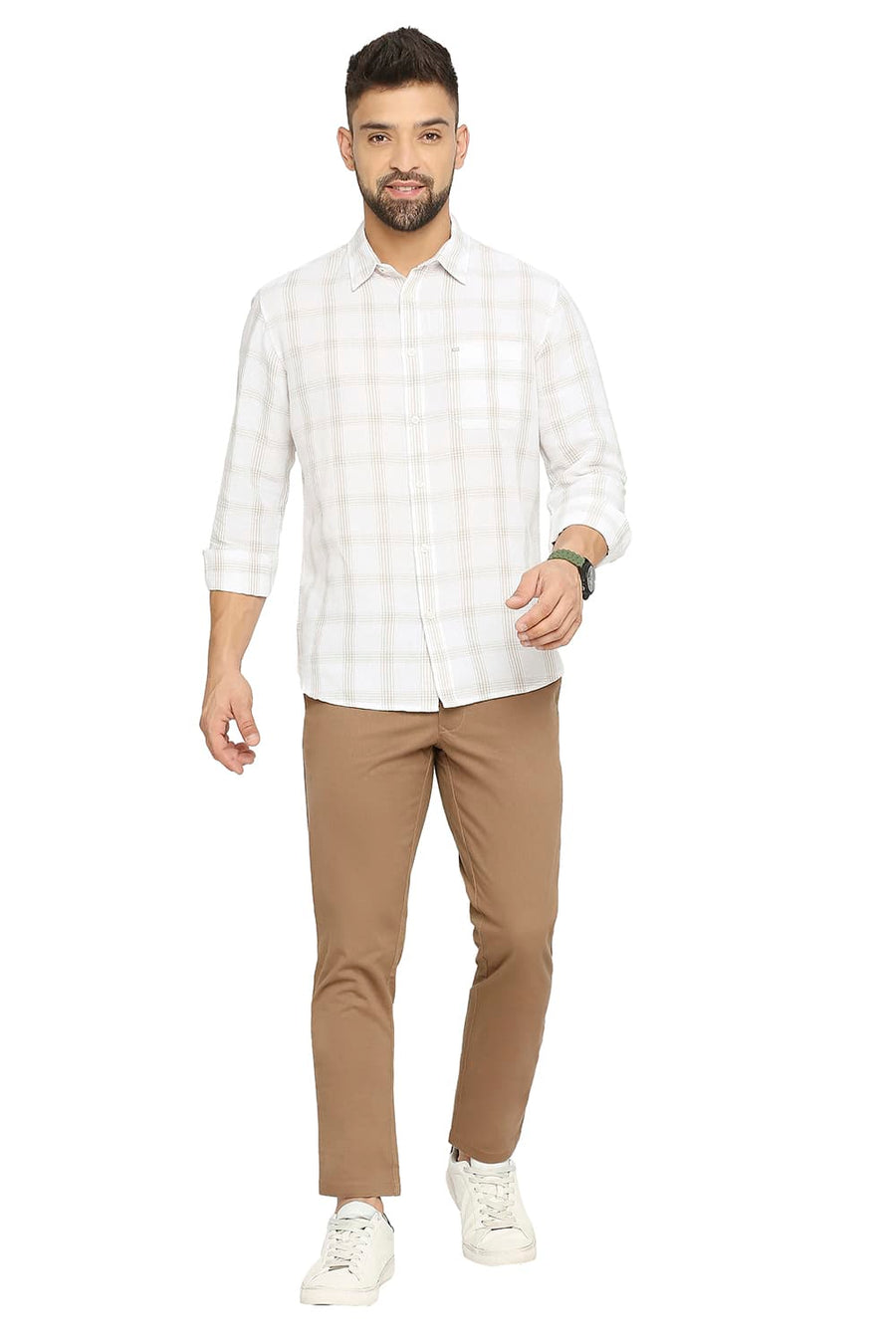 BASICS TAPERED FIT CARIBON BROWN COTTON STRETCH DOBBY TROUSERS