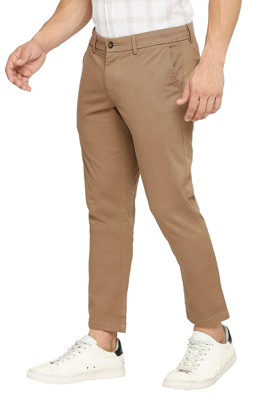 BASICS TAPERED FIT CARIBON BROWN COTTON STRETCH DOBBY TROUSERS