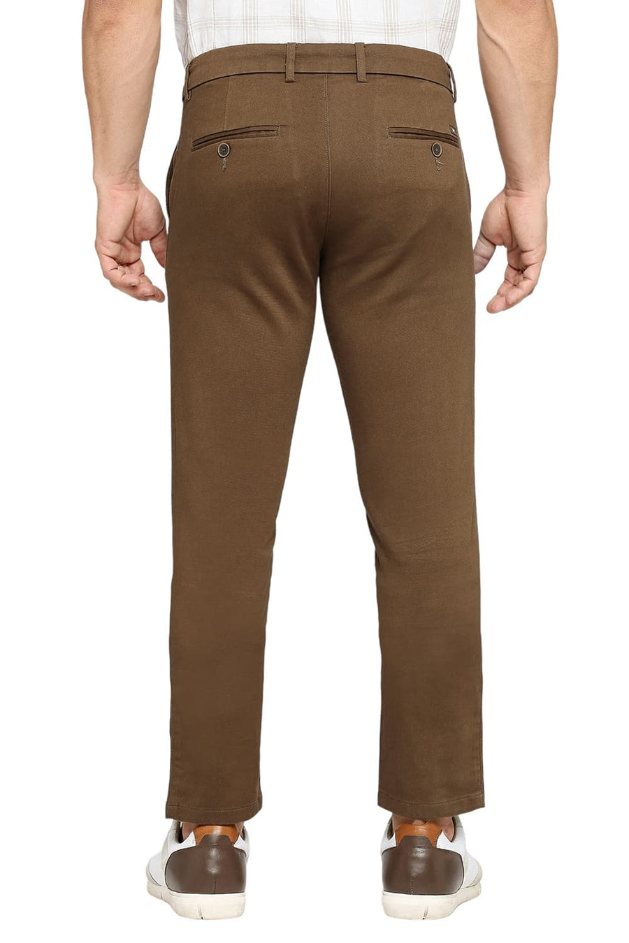 BASICS TAPERED FIT DESERT TAN COTTON STRETCH DOBBY TROUSERS