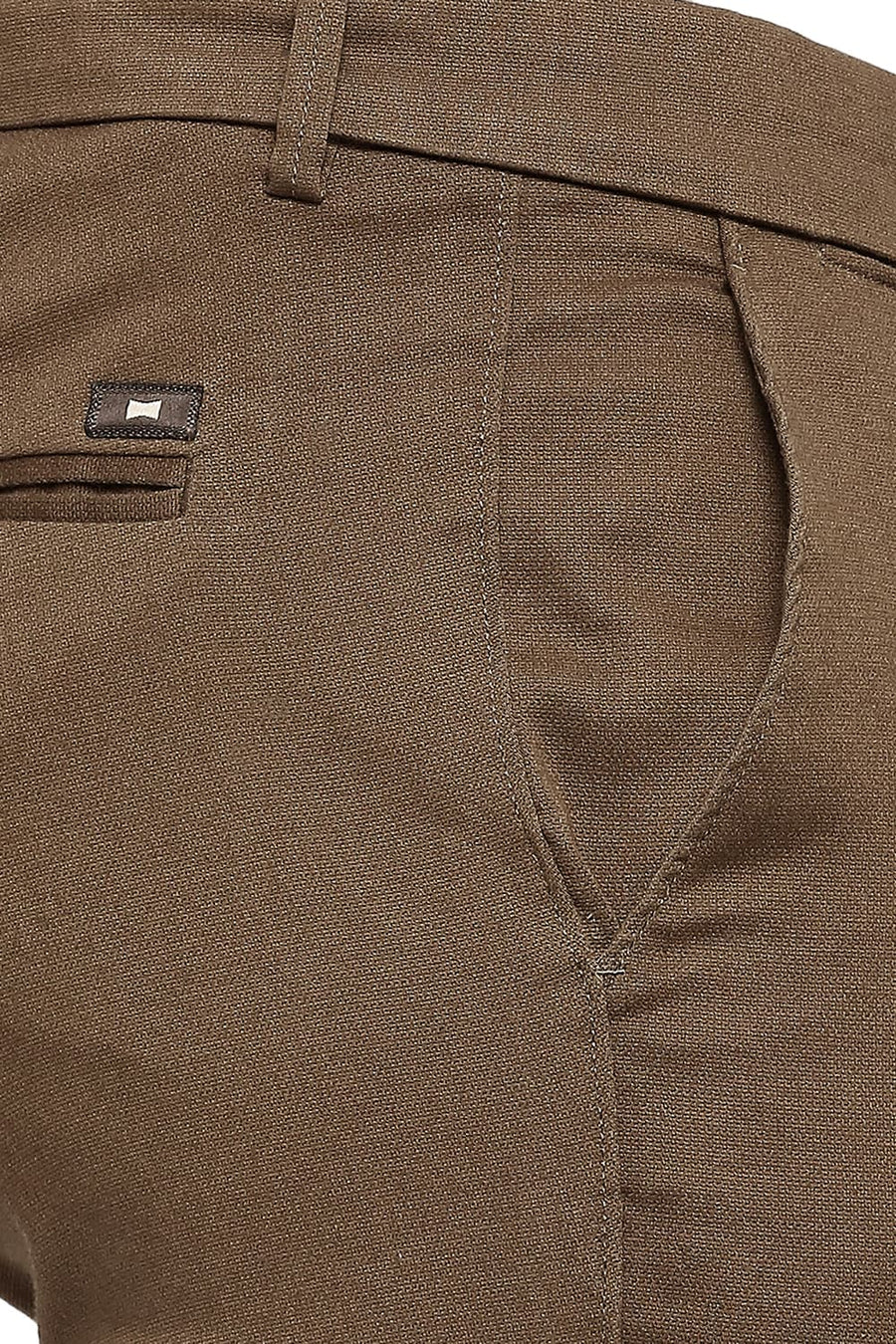 BASICS TAPERED FIT DESERT TAN COTTON STRETCH DOBBY TROUSERS