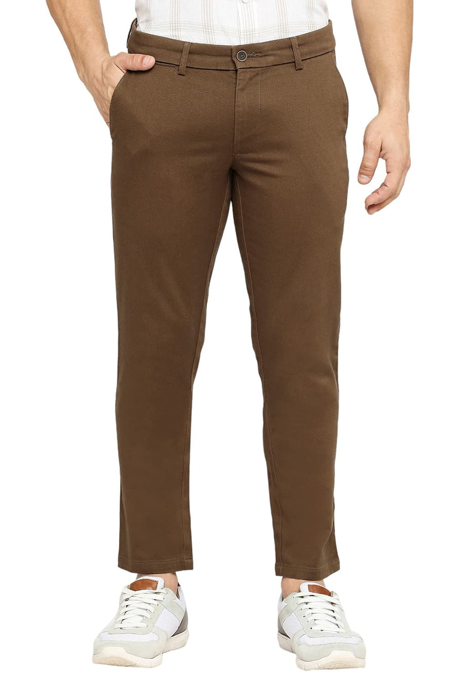 BASICS TAPERED FIT DESERT TAN COTTON STRETCH DOBBY TROUSERS