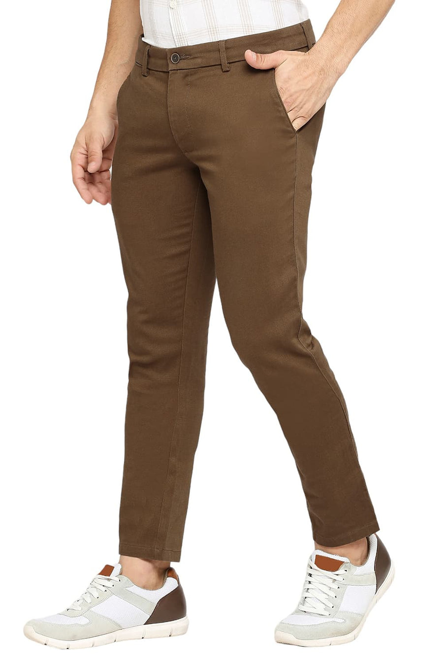 BASICS TAPERED FIT DESERT TAN COTTON STRETCH DOBBY TROUSERS