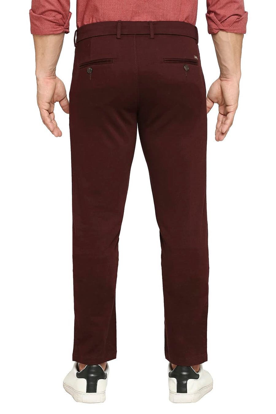 BASICS TAPERED FIT PUCE MAROON COTTON STRETCH DOBBY TROUSERS