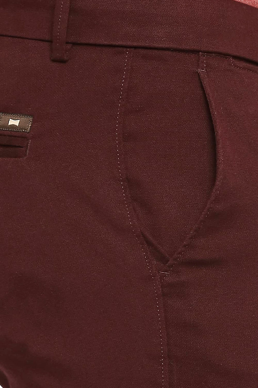 BASICS TAPERED FIT PUCE MAROON COTTON STRETCH DOBBY TROUSERS