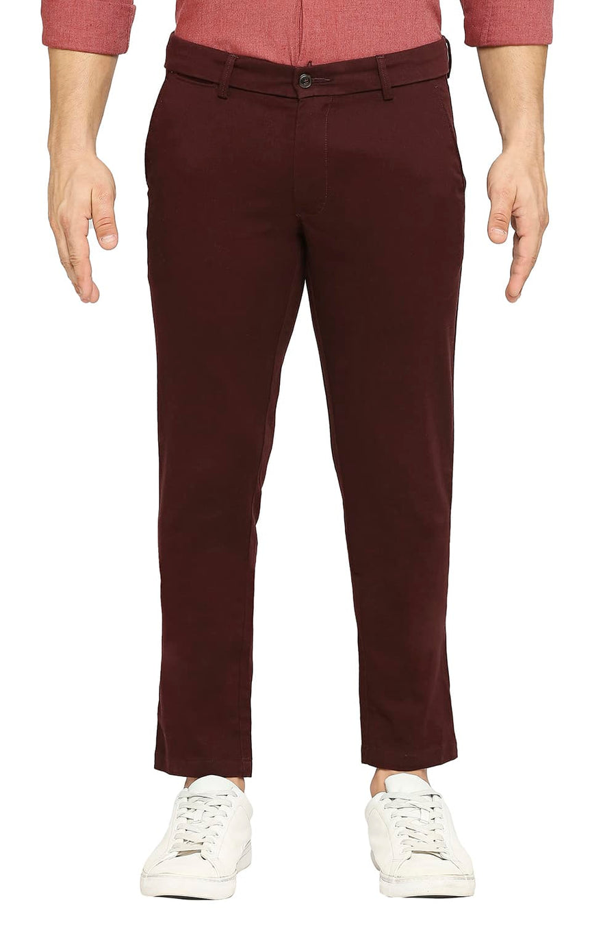 BASICS TAPERED FIT PUCE MAROON COTTON STRETCH DOBBY TROUSERS