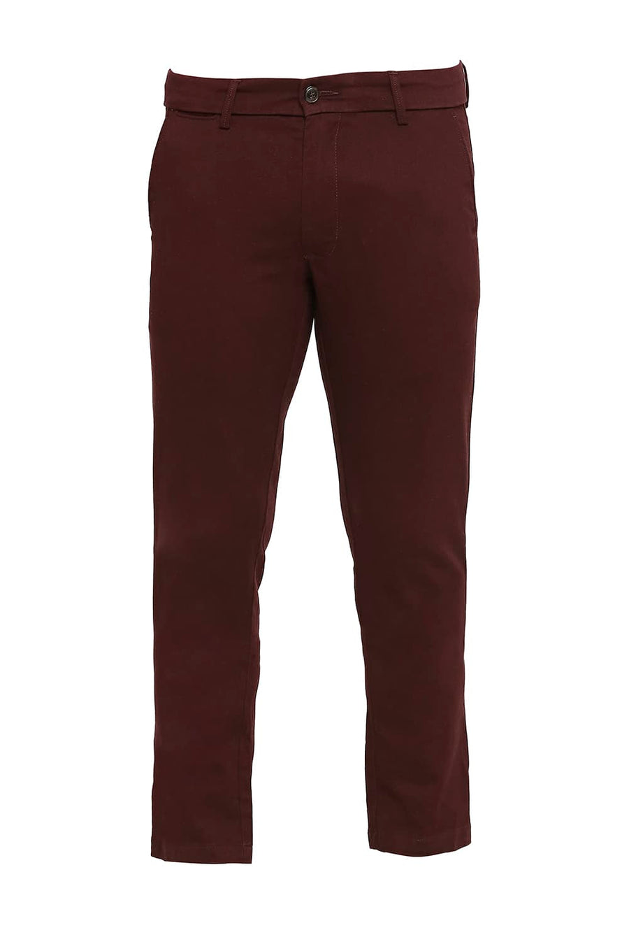 BASICS TAPERED FIT PUCE MAROON COTTON STRETCH DOBBY TROUSERS