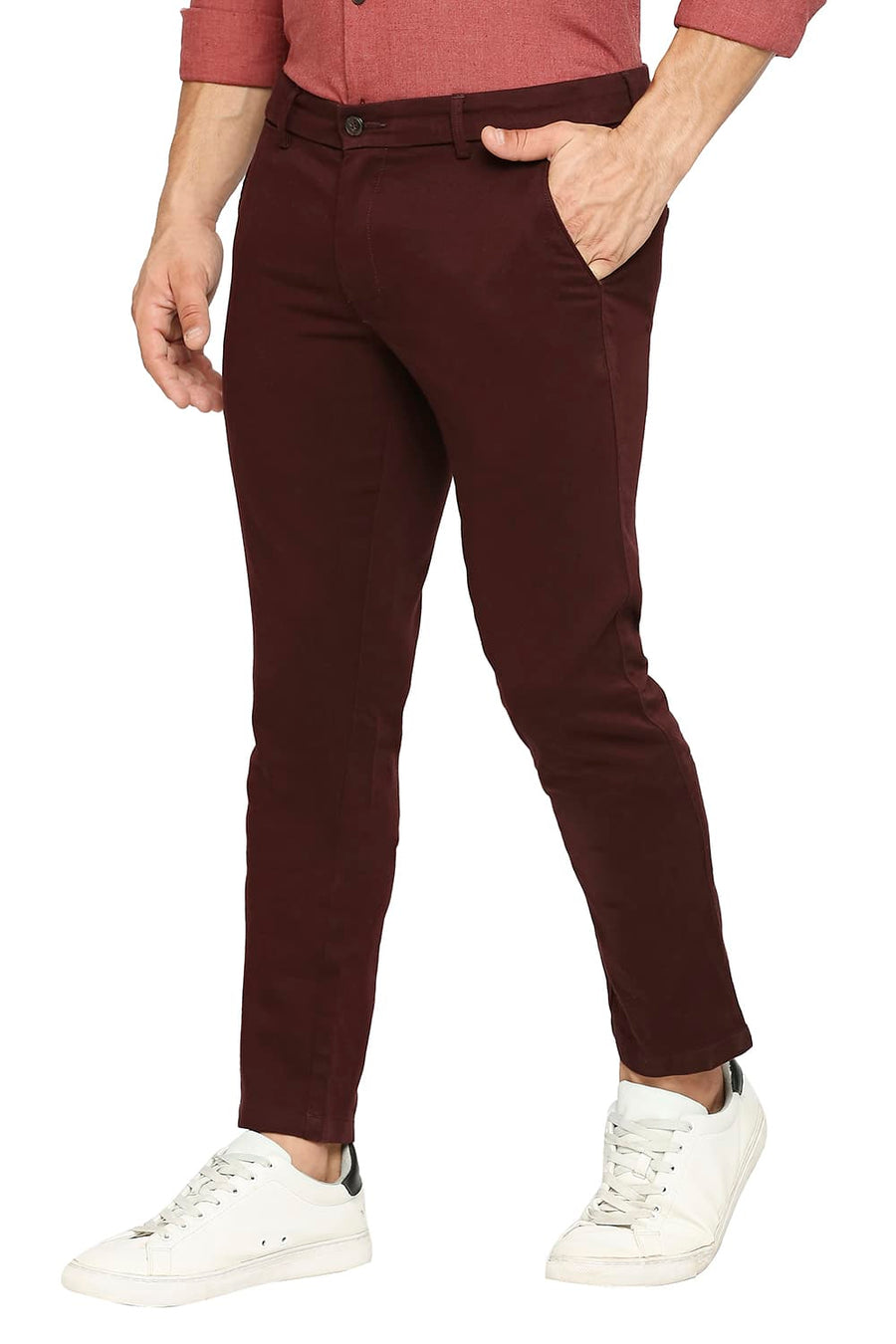 BASICS TAPERED FIT PUCE MAROON COTTON STRETCH DOBBY TROUSERS