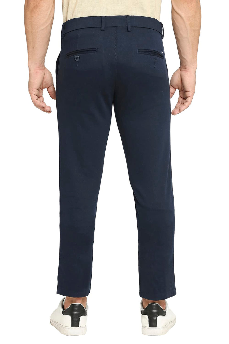 BASICS TAPERED FIT DARK SAPPHIRE NAVY COTTON STRETCH DOBBY TROUSERS