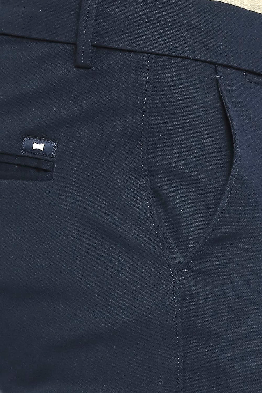 BASICS TAPERED FIT DARK SAPPHIRE NAVY COTTON STRETCH DOBBY TROUSERS