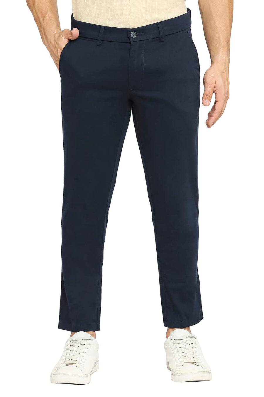 BASICS TAPERED FIT DARK SAPPHIRE NAVY COTTON STRETCH DOBBY TROUSERS