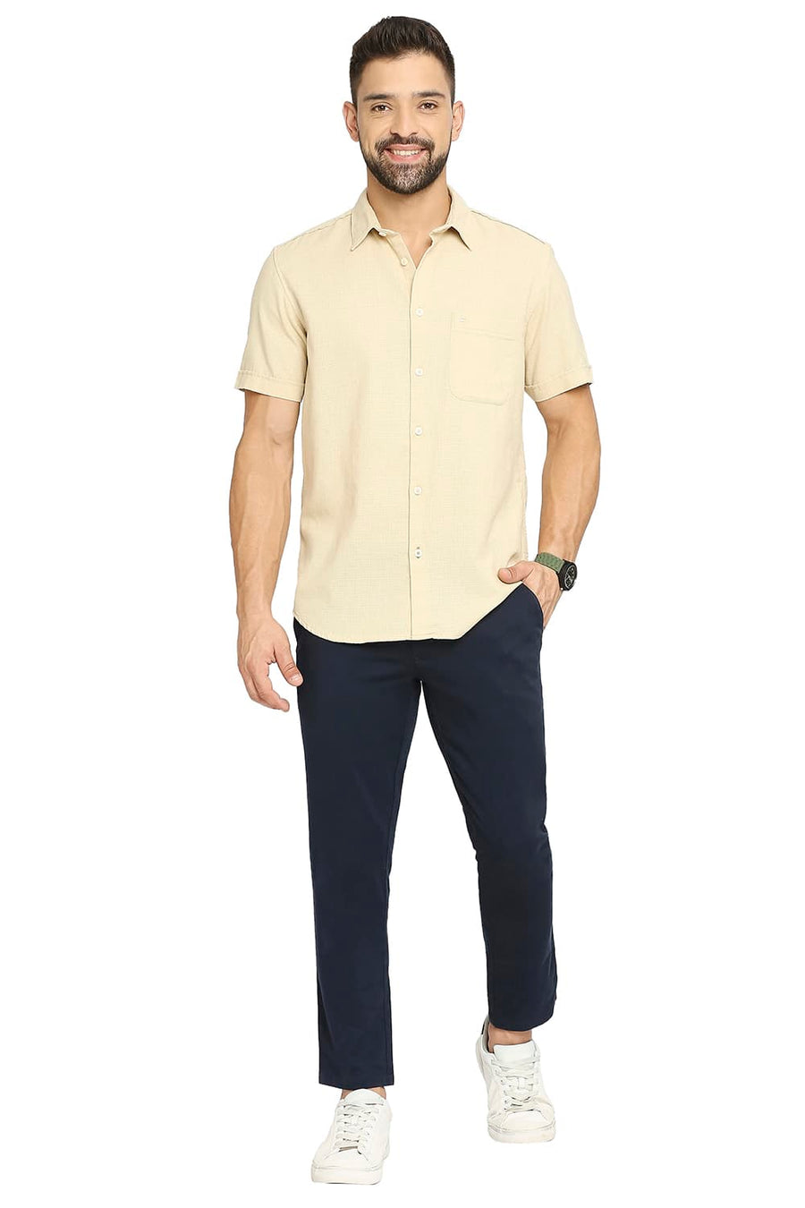 BASICS TAPERED FIT DARK SAPPHIRE NAVY COTTON STRETCH DOBBY TROUSERS