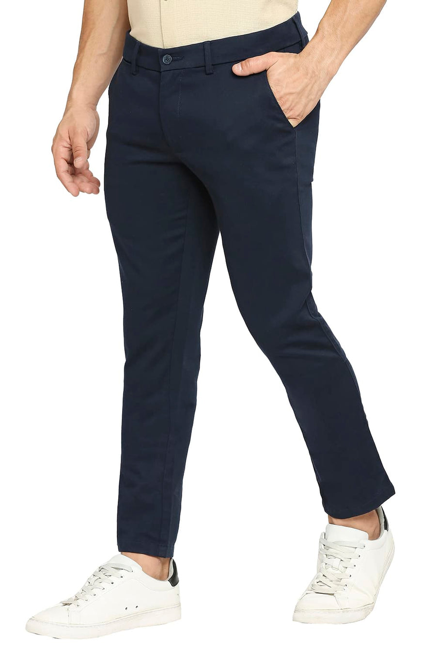 BASICS TAPERED FIT DARK SAPPHIRE NAVY COTTON STRETCH DOBBY TROUSERS