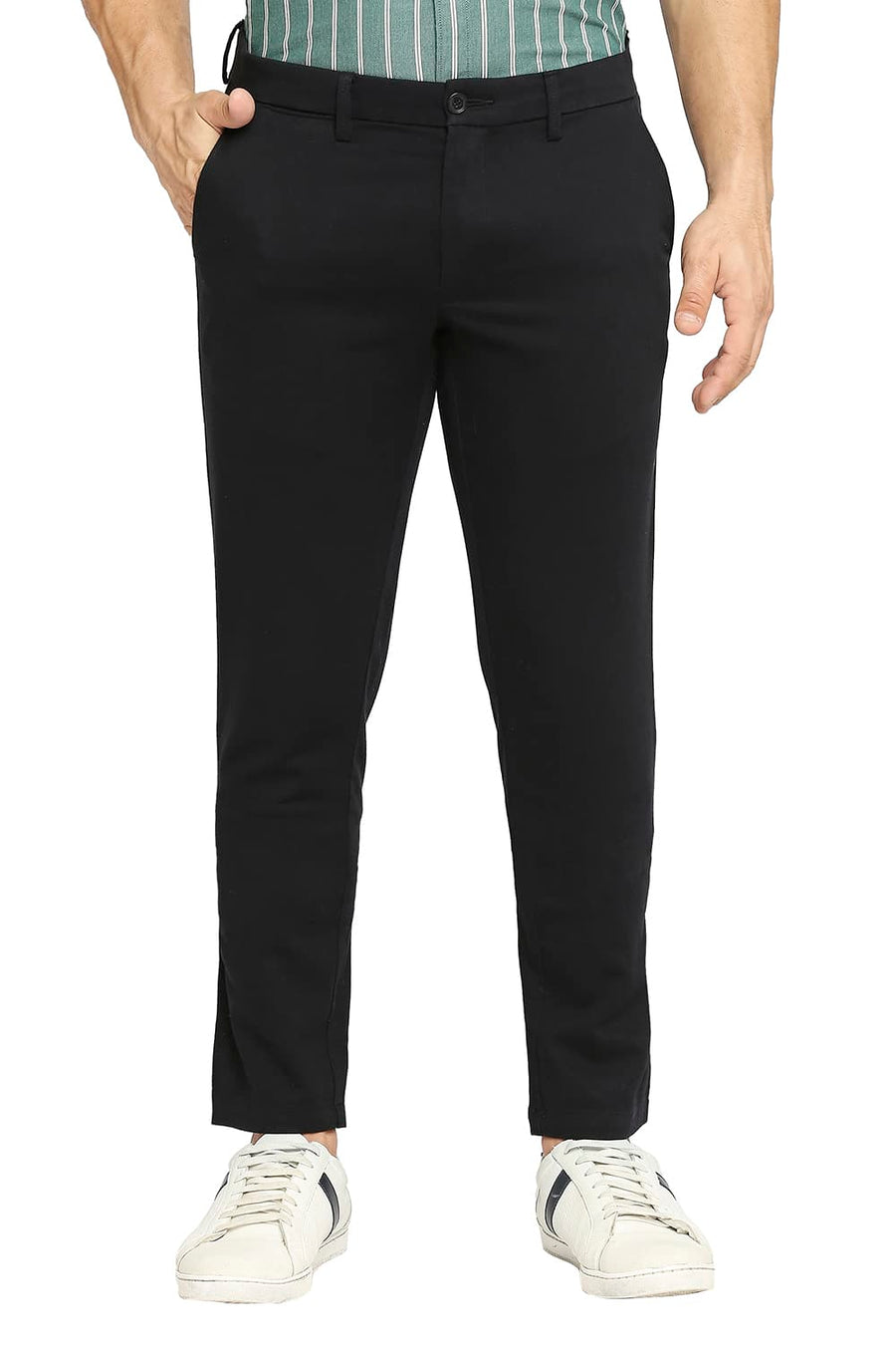 BASICS TAPERED FIT ANTHRACITE BLACK COTTON STRETCH DOBBY TROUSERS