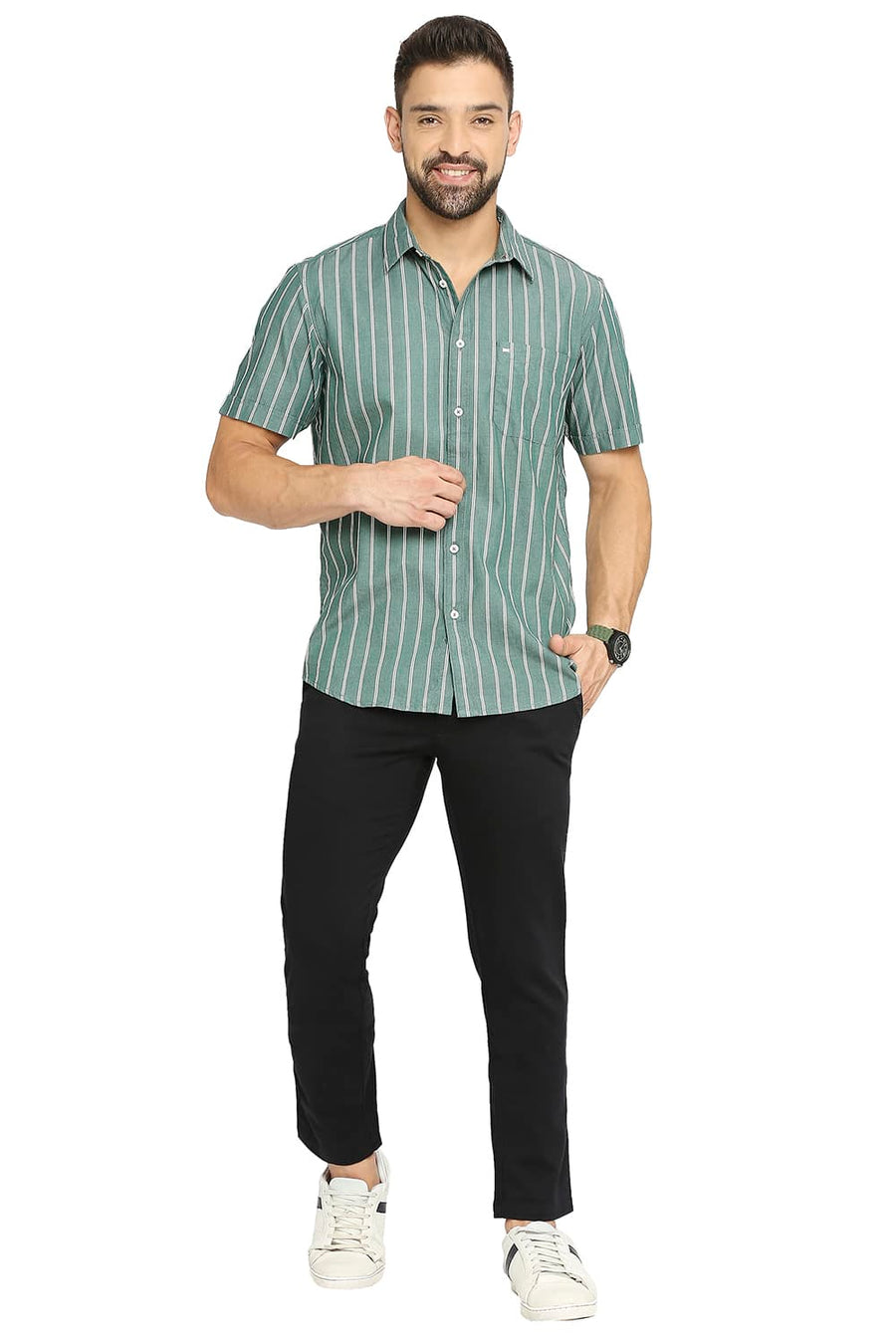 BASICS TAPERED FIT ANTHRACITE BLACK COTTON STRETCH DOBBY TROUSERS