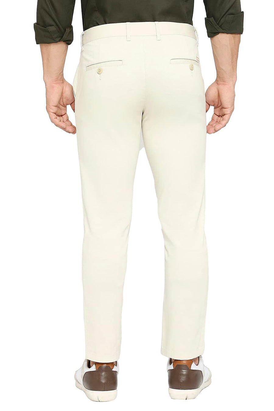 BASICS TAPERED FIT PISTACHIO SHELL COTTON STRETCH DOBBY TROUSERS