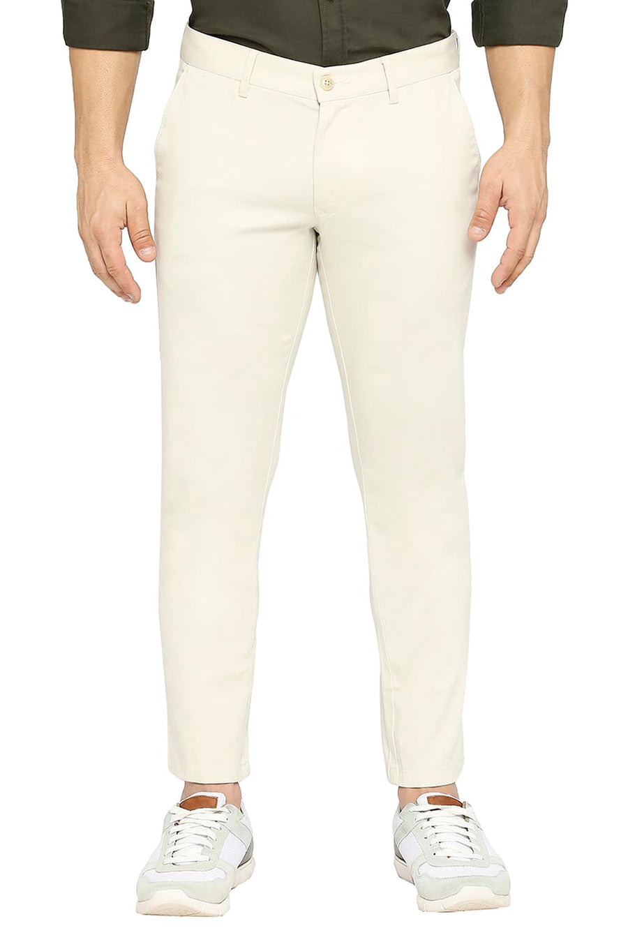 BASICS TAPERED FIT PISTACHIO SHELL COTTON STRETCH DOBBY TROUSERS