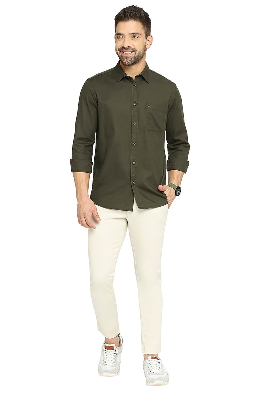 BASICS TAPERED FIT PISTACHIO SHELL COTTON STRETCH DOBBY TROUSERS
