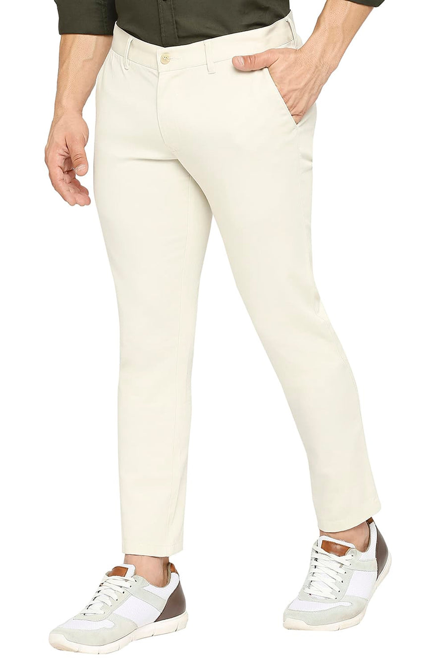 BASICS TAPERED FIT PISTACHIO SHELL COTTON STRETCH DOBBY TROUSERS