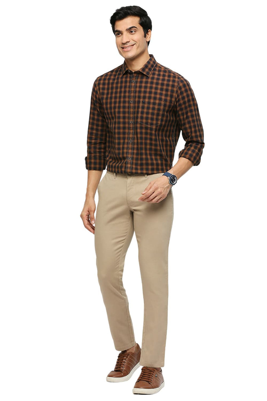 BASICS TAPERED FIT INCENSE KHAKI COTTON STRETCH DOBBY TROUSERS