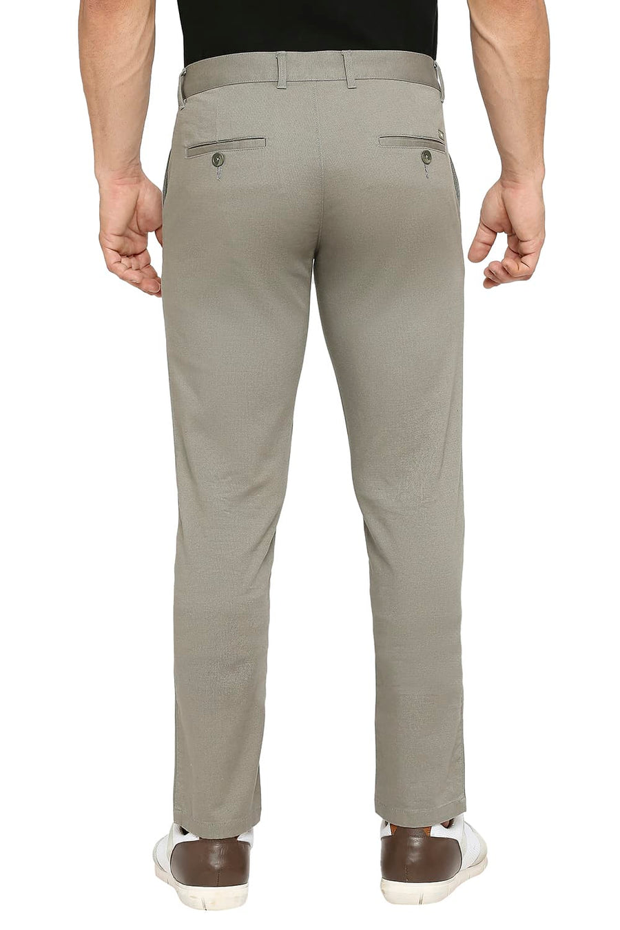 BASICS TAPERED FIT VETIVER GREY COTTON STRETCH DOBBY TROUSERS