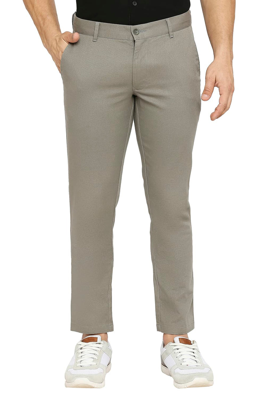 BASICS TAPERED FIT VETIVER GREY COTTON STRETCH DOBBY TROUSERS