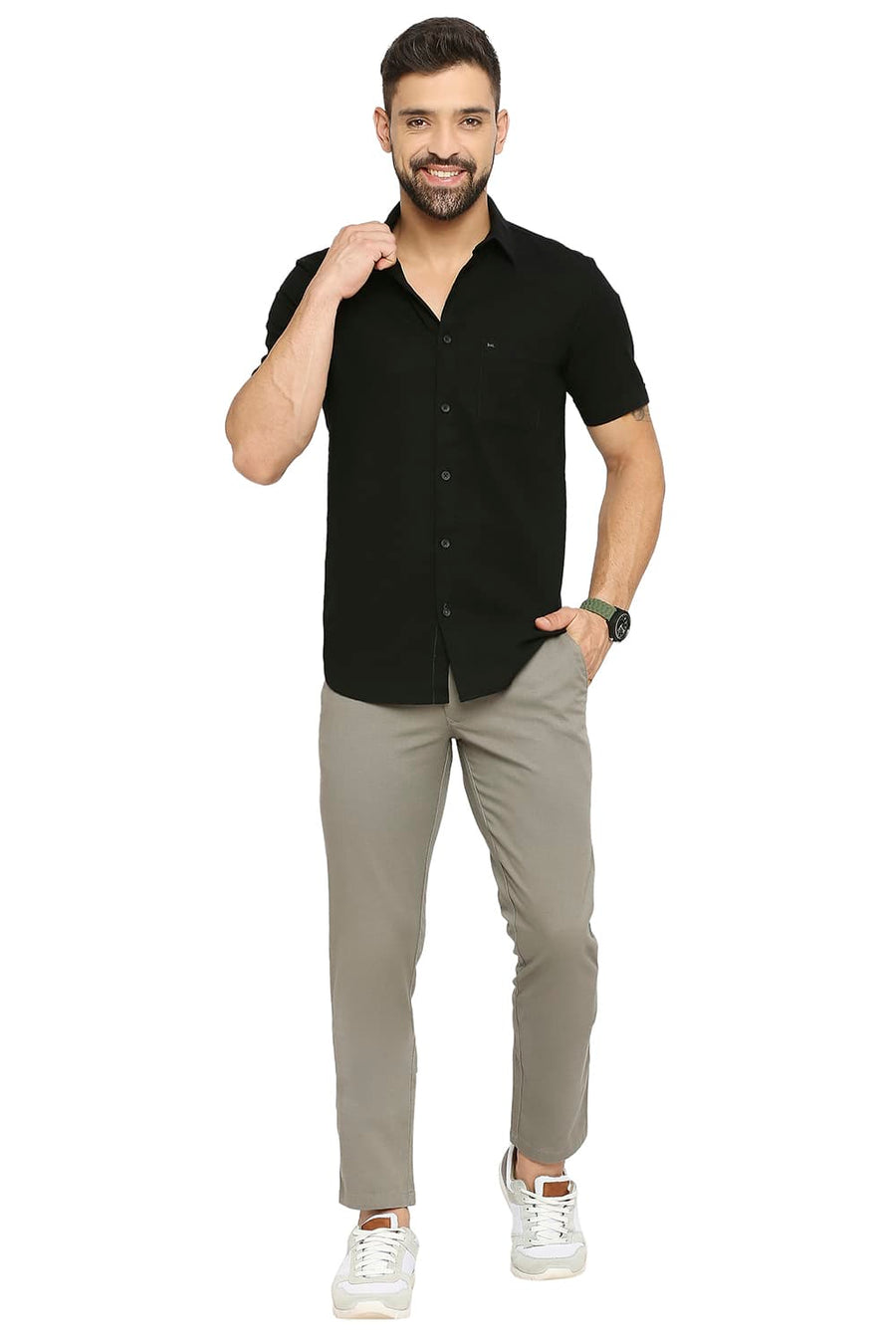 BASICS TAPERED FIT VETIVER GREY COTTON STRETCH DOBBY TROUSERS
