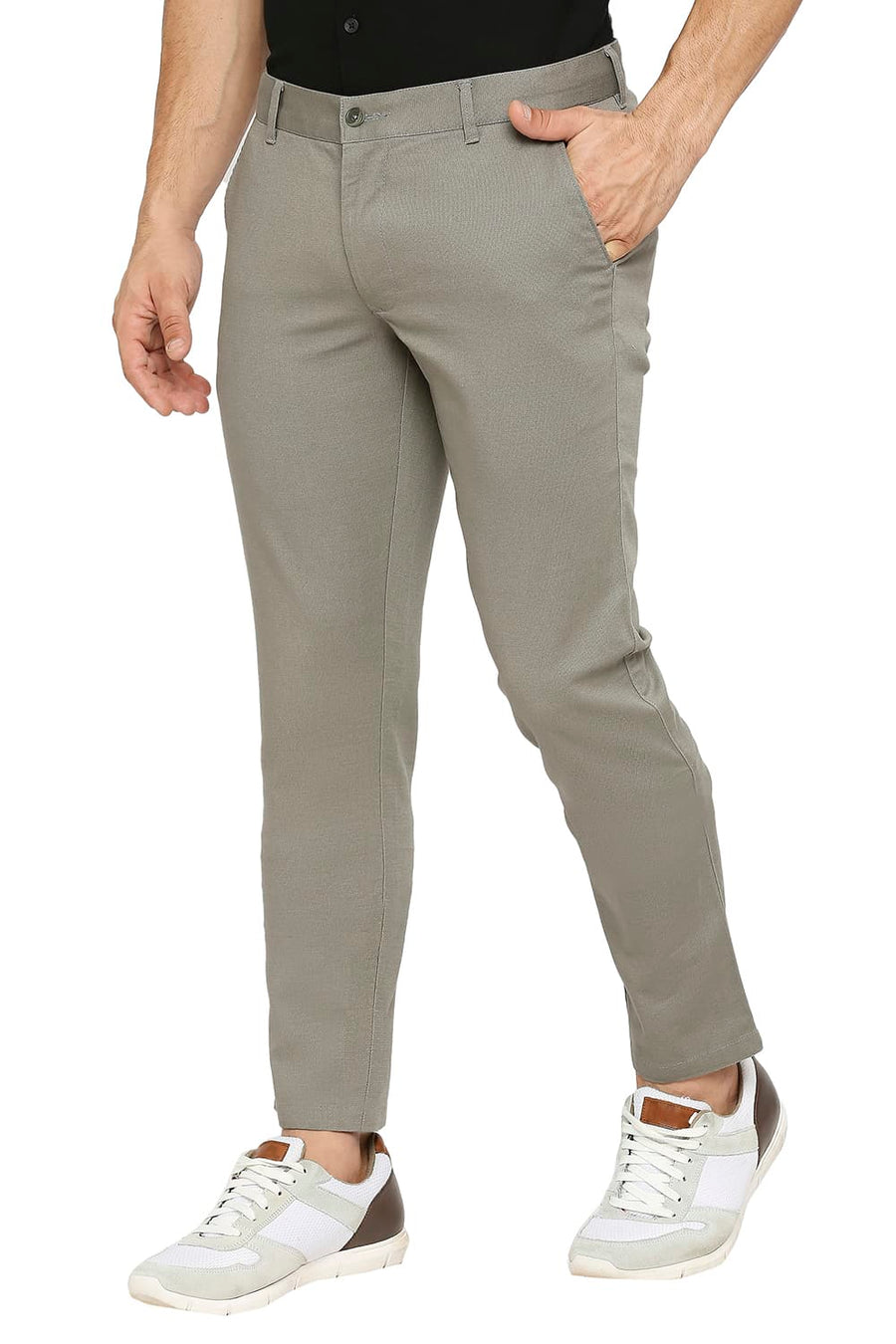 BASICS TAPERED FIT VETIVER GREY COTTON STRETCH DOBBY TROUSERS