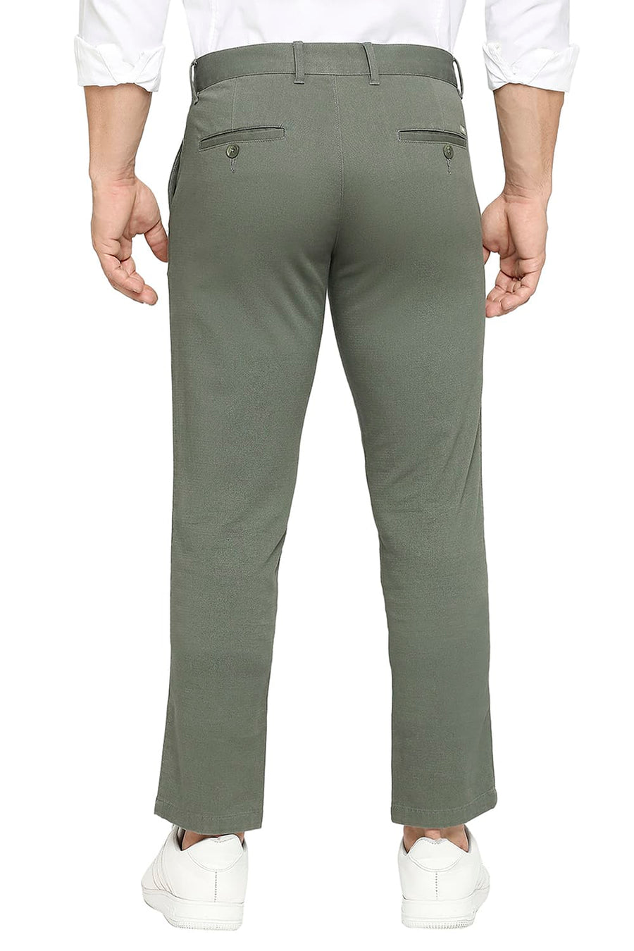 BASICS TAPERED FIT THYME GREEN COTTON STRETCH DOBBY TROUSERS