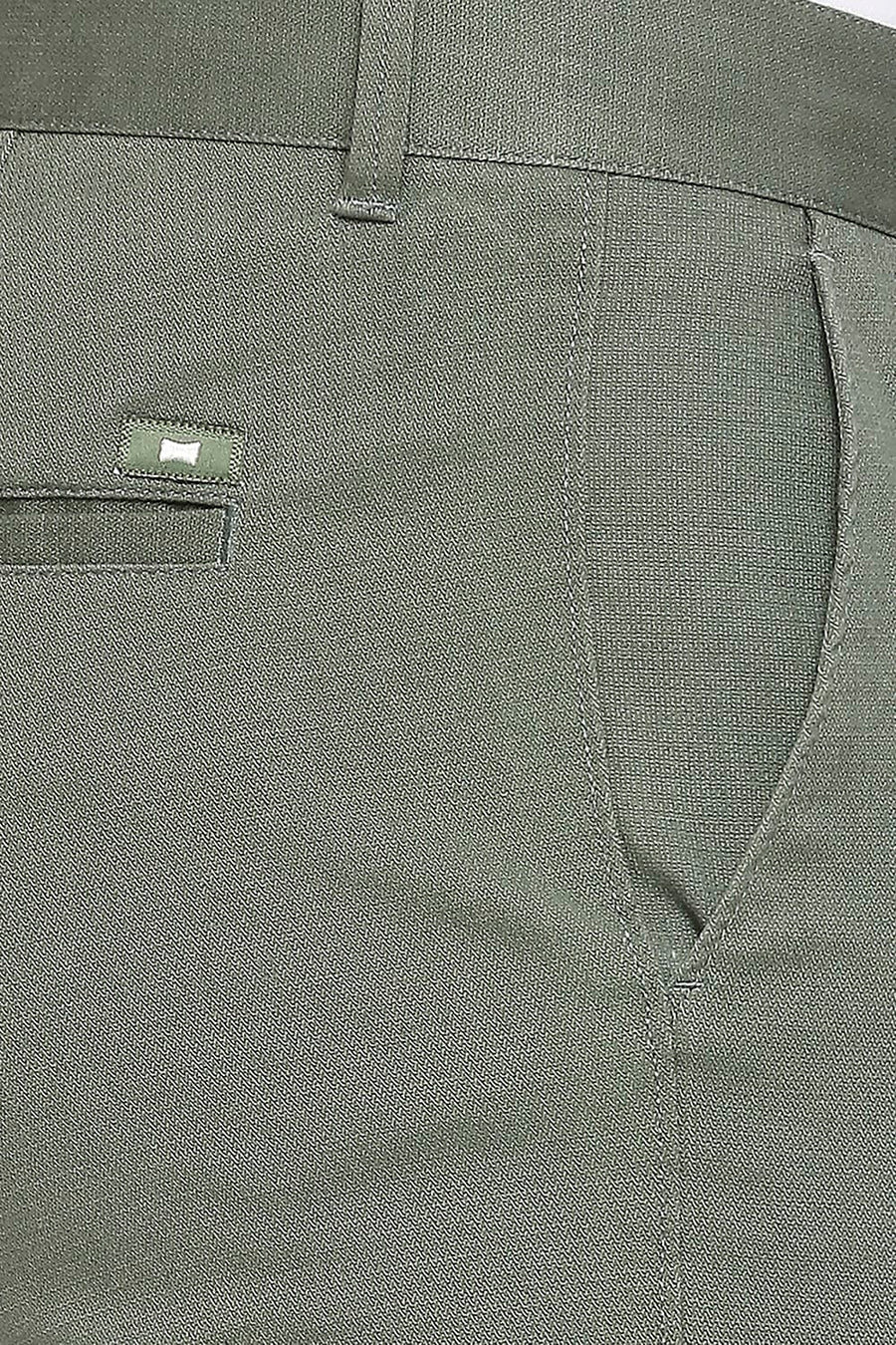 BASICS TAPERED FIT THYME GREEN COTTON STRETCH DOBBY TROUSERS