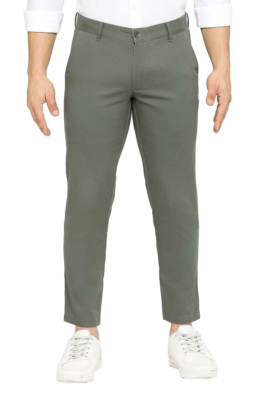 BASICS TAPERED FIT THYME GREEN COTTON STRETCH DOBBY TROUSERS