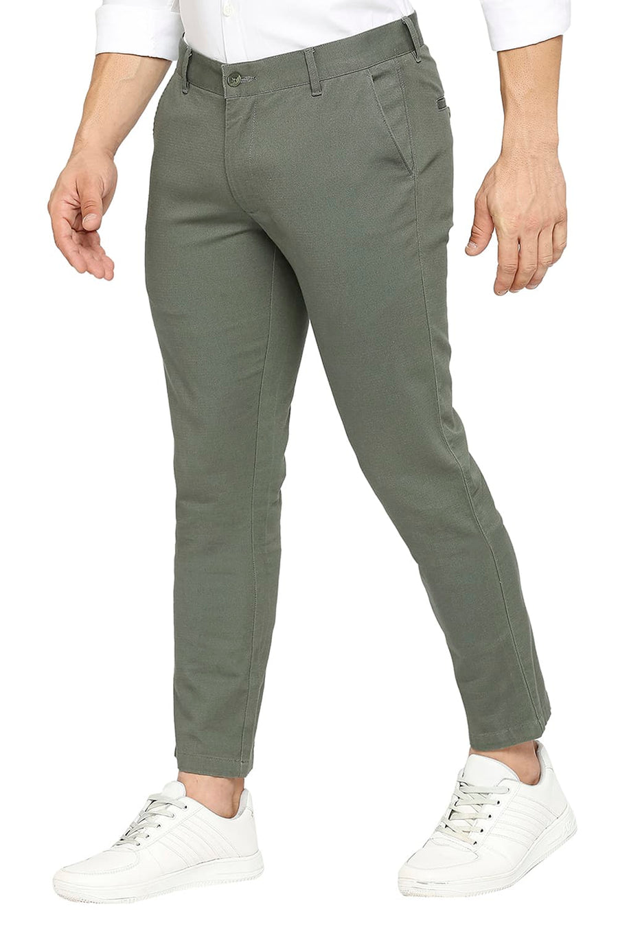 BASICS TAPERED FIT THYME GREEN COTTON STRETCH DOBBY TROUSERS