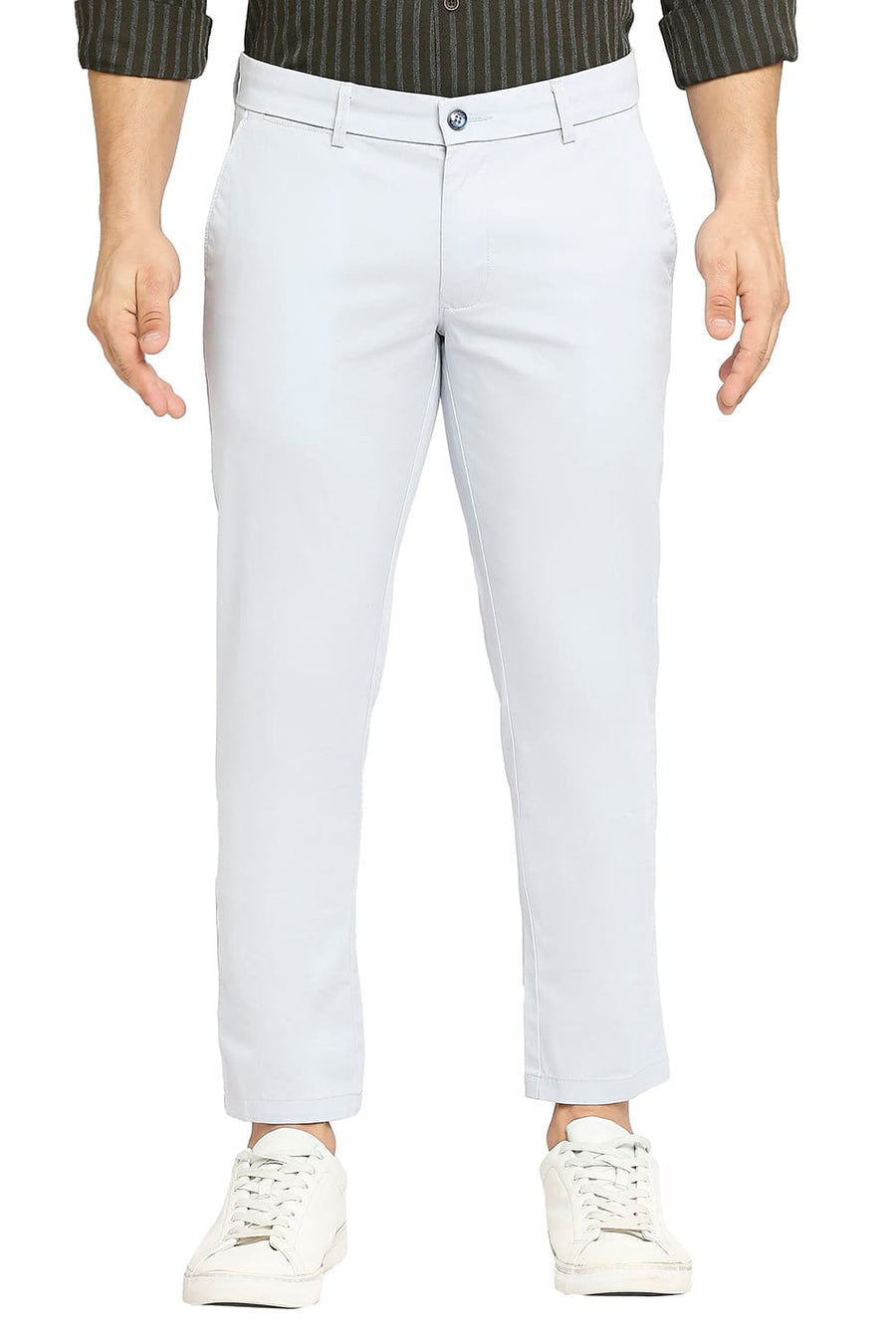 BASICS TAPERED FIT BLUE DAWN COTTON STRETCH DOBBY TROUSERS