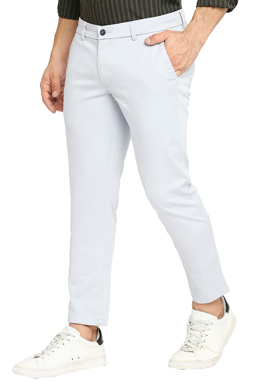 BASICS TAPERED FIT BLUE DAWN COTTON STRETCH DOBBY TROUSERS