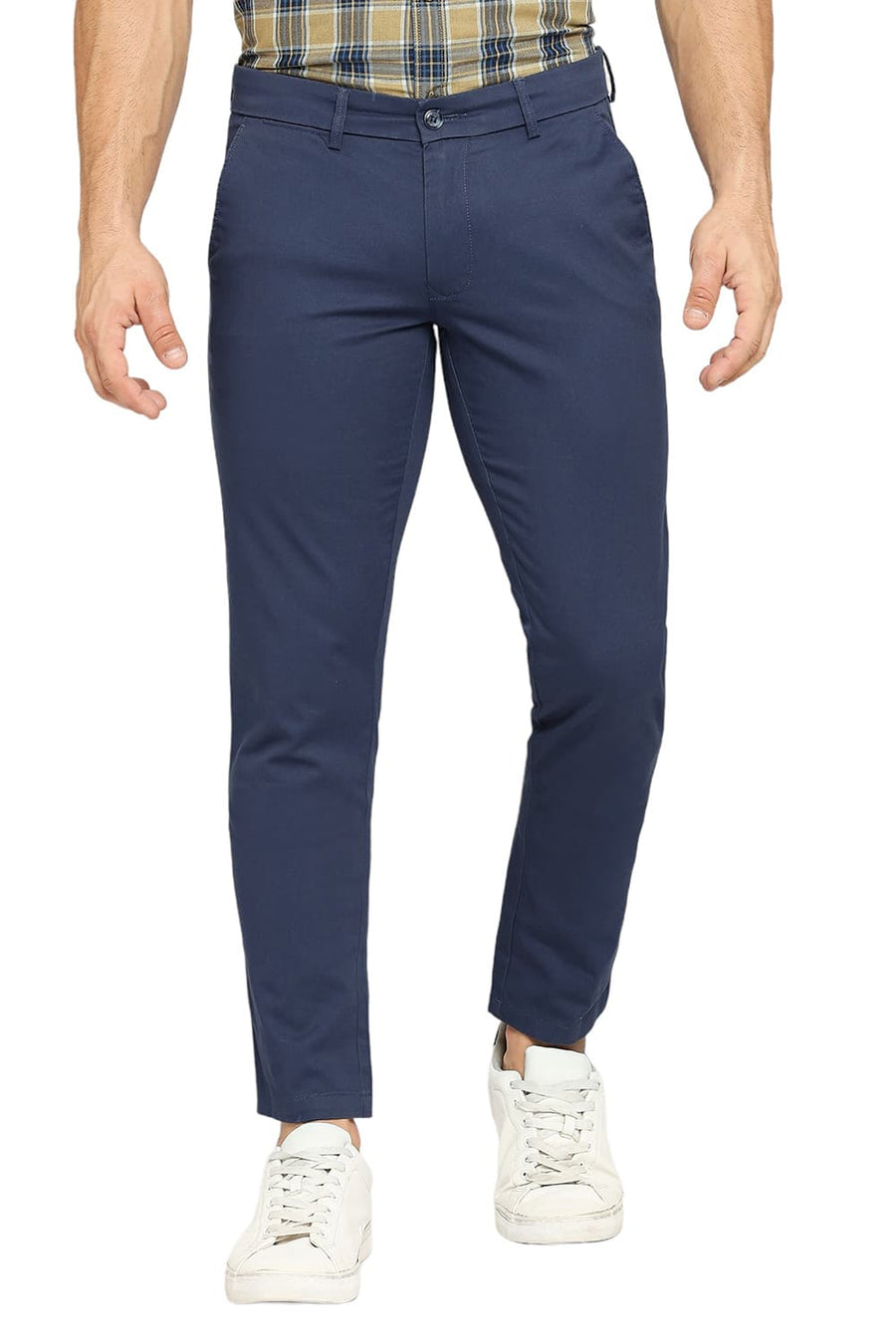 BASICS TAPERED FIT ENSIGN BLUE COTTON STRETCH DOBBY TROUSERS