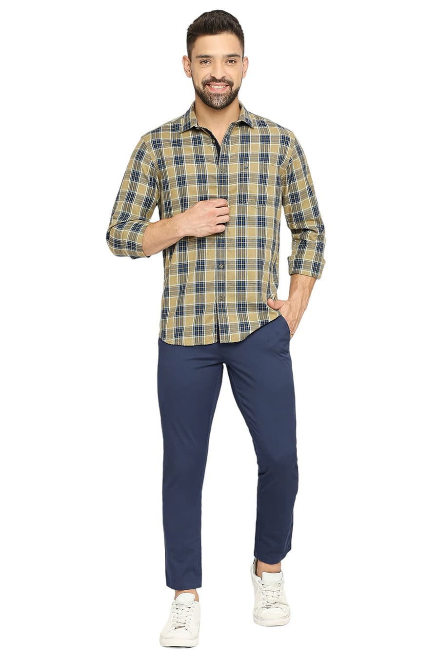 BASICS TAPERED FIT ENSIGN BLUE COTTON STRETCH DOBBY TROUSERS
