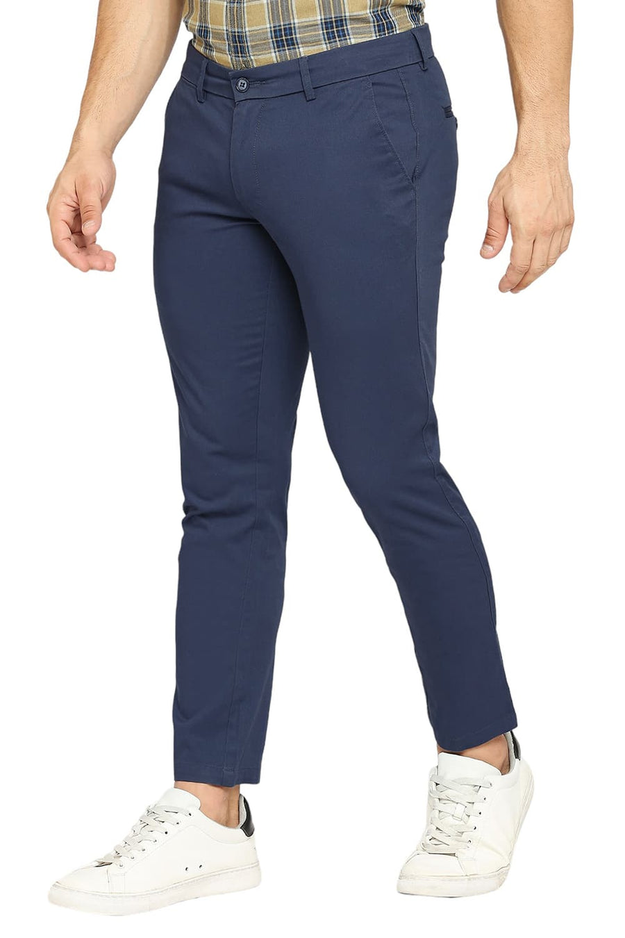 BASICS TAPERED FIT ENSIGN BLUE COTTON STRETCH DOBBY TROUSERS