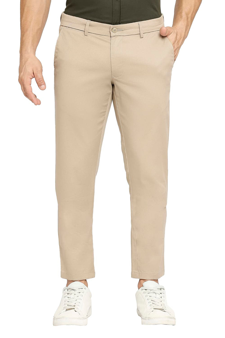 BASICS TAPERED FIT TAUPE KHAKI COTTON STRETCH DOBBY TROUSERS
