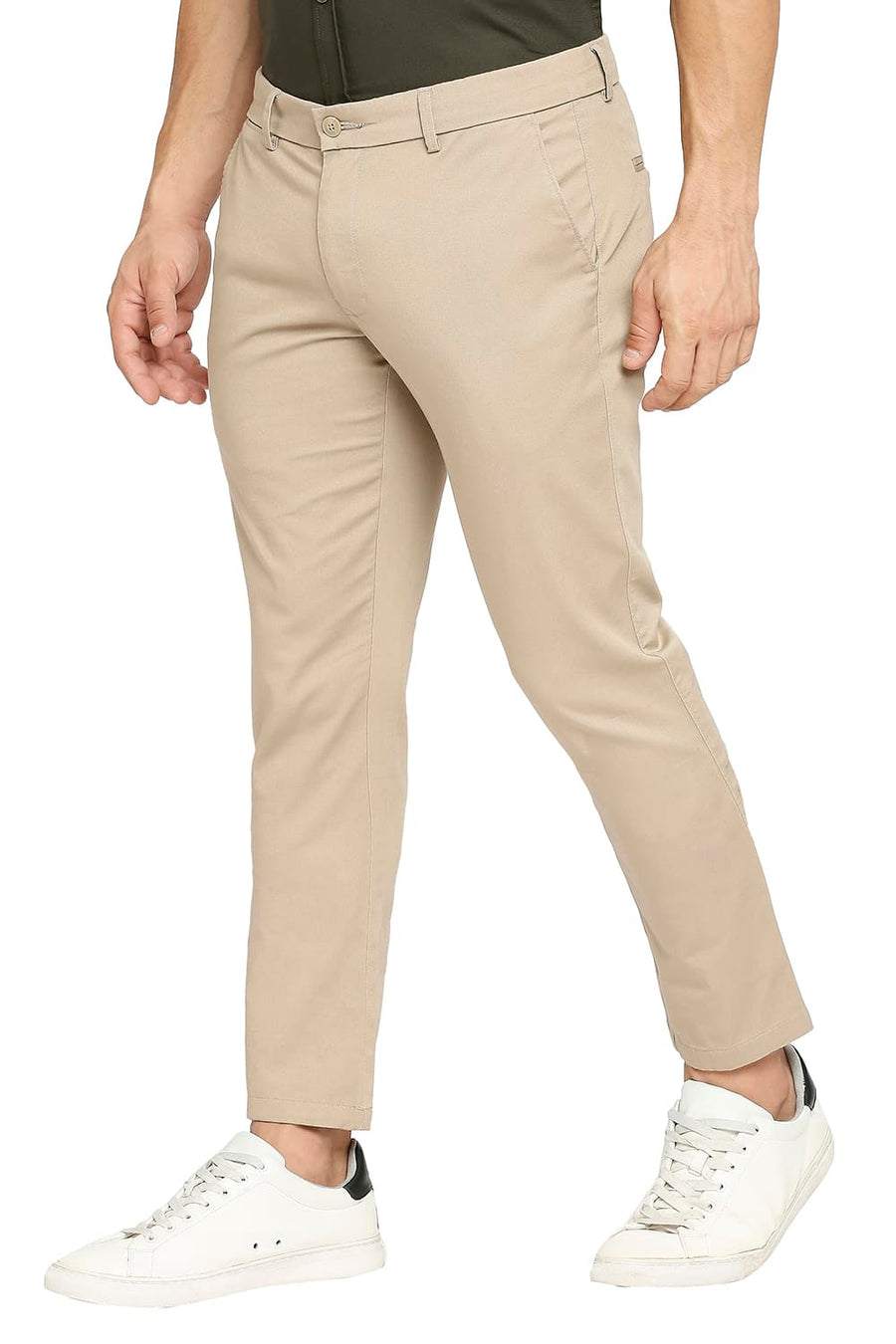 BASICS TAPERED FIT TAUPE KHAKI COTTON STRETCH DOBBY TROUSERS