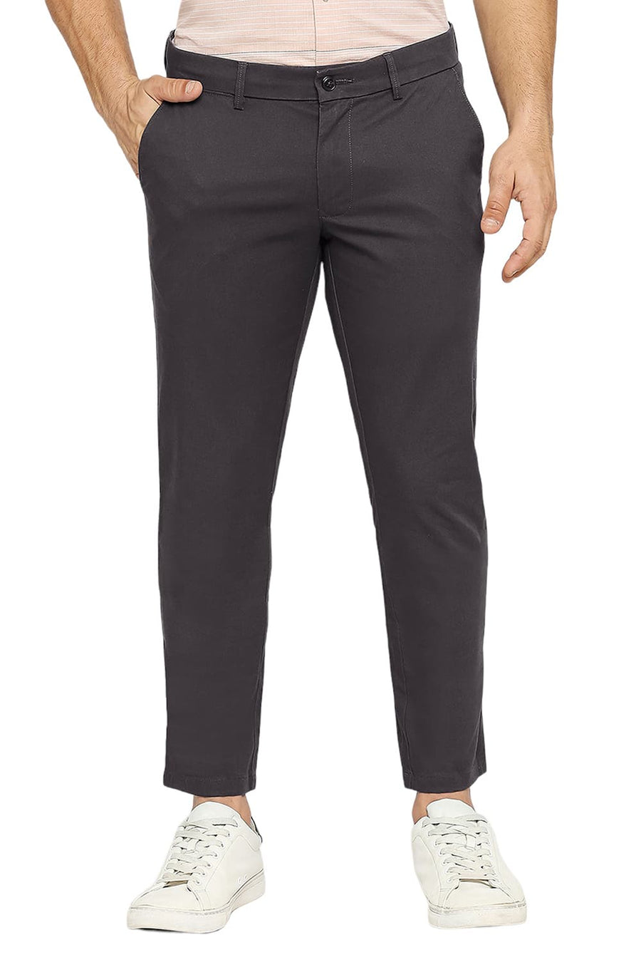 BASICS TAPERED FIT ESPRESSO GREY COTTON STRETCH DOBBY TROUSERS