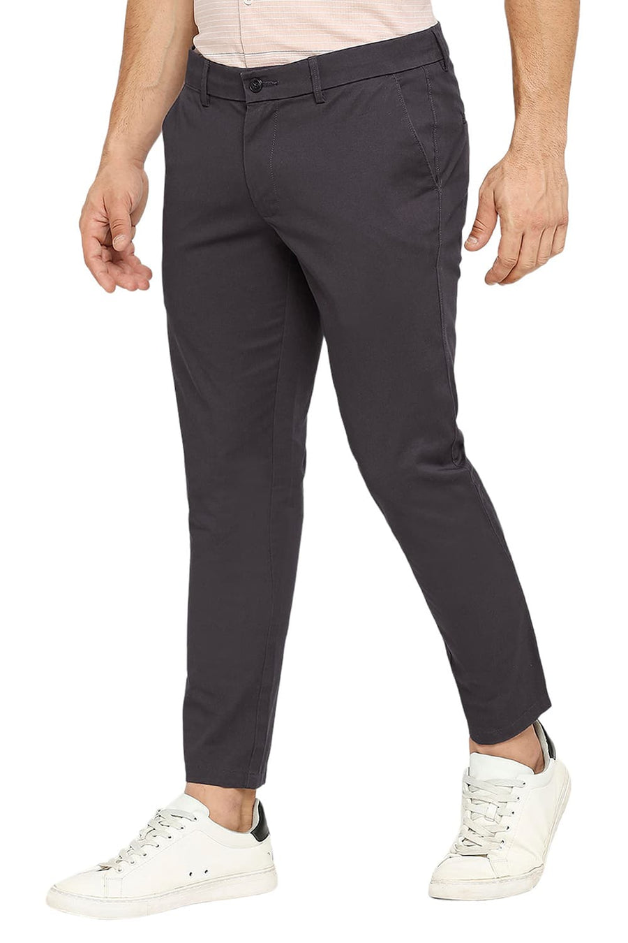 BASICS TAPERED FIT ESPRESSO GREY COTTON STRETCH DOBBY TROUSERS