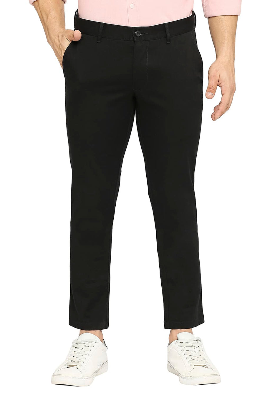 BASICS TAPERED FIT AFTER DARK BLACK COTTON STRETCH DOBBY TROUSERS