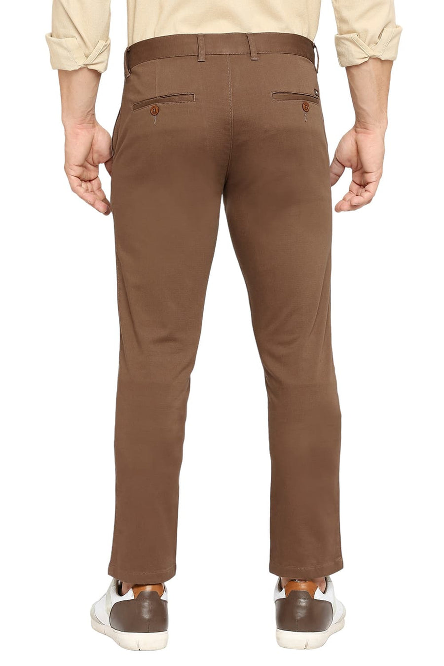 BASICS TAPERED FIT PARTRIDGE BROWN COTTON STRETCH DOBBY TROUSERS