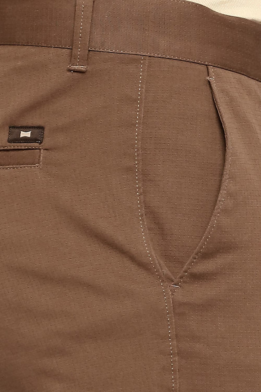 BASICS TAPERED FIT PARTRIDGE BROWN COTTON STRETCH DOBBY TROUSERS