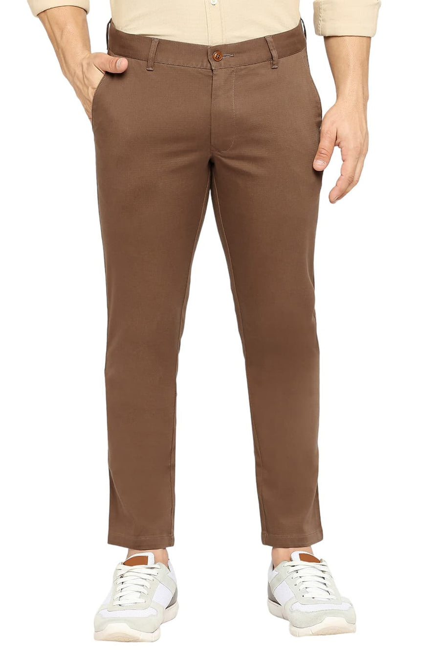 BASICS TAPERED FIT PARTRIDGE BROWN COTTON STRETCH DOBBY TROUSERS