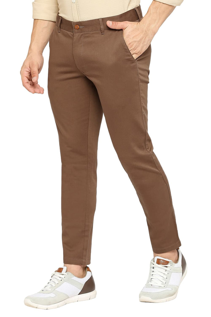 BASICS TAPERED FIT PARTRIDGE BROWN COTTON STRETCH DOBBY TROUSERS