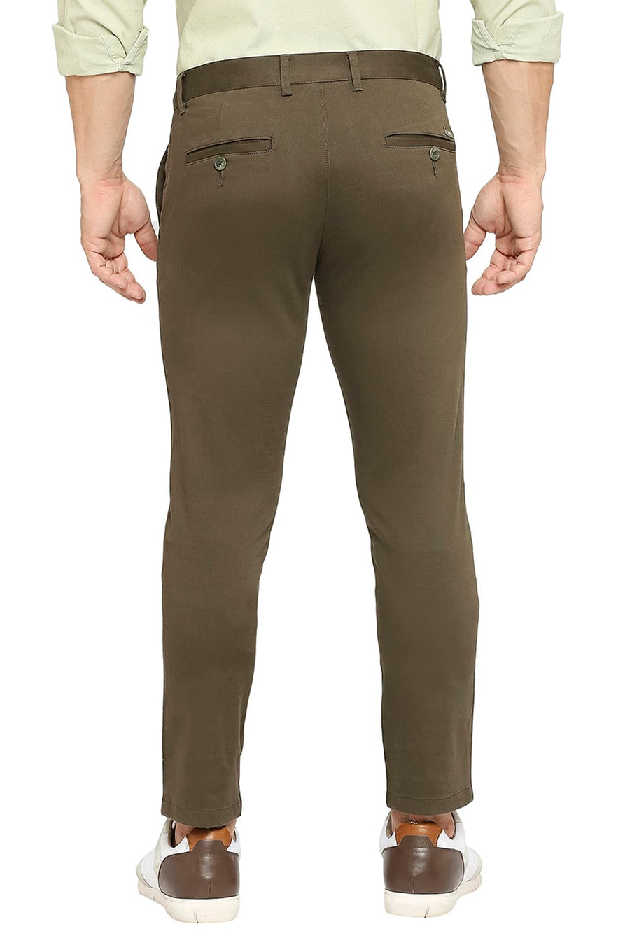 BASICS TAPERED FIT FOREST NIGHT GREEN COTTON STRETCH DOBBY TROUSERS