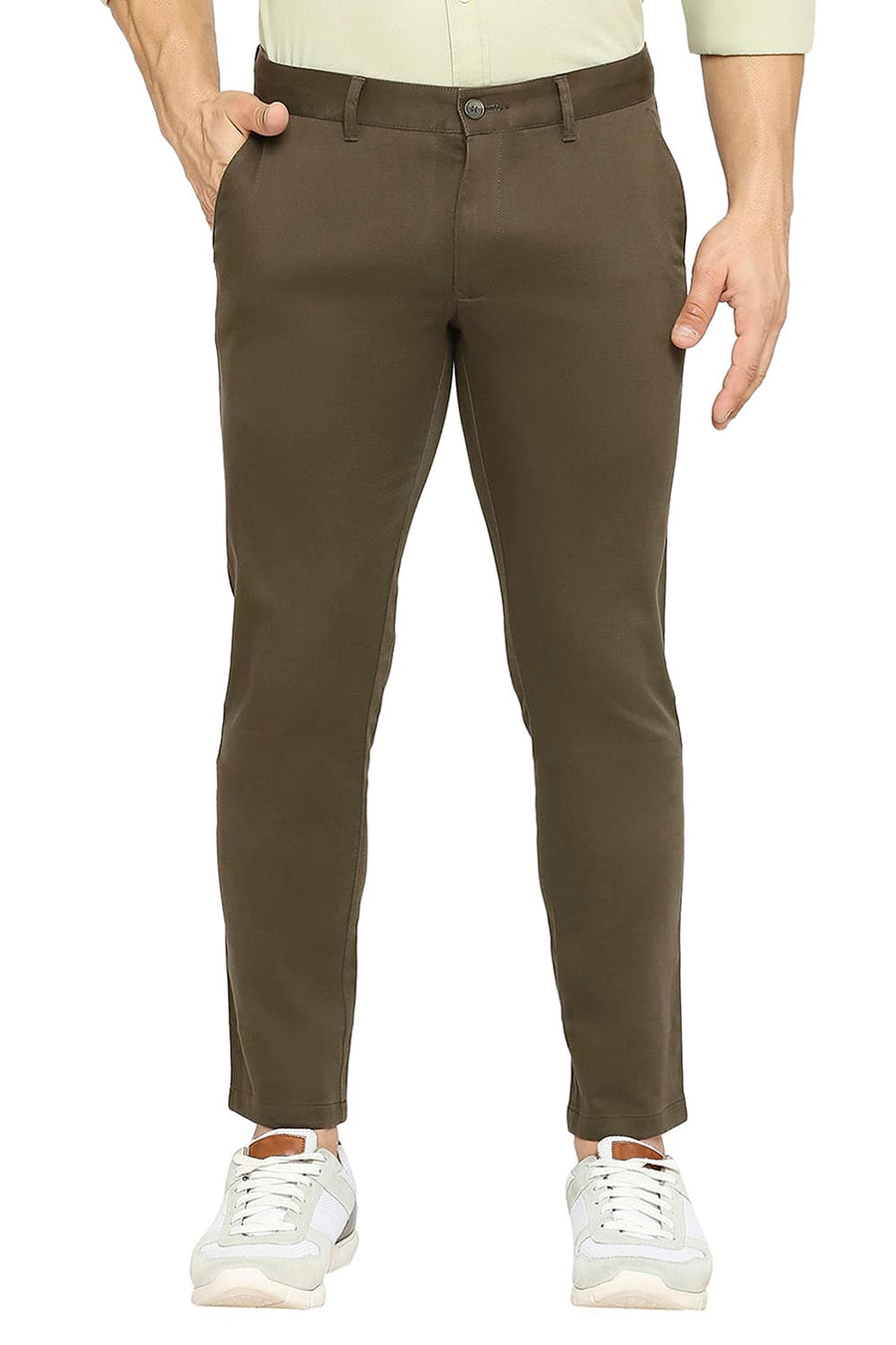 BASICS TAPERED FIT FOREST NIGHT GREEN COTTON STRETCH DOBBY TROUSERS