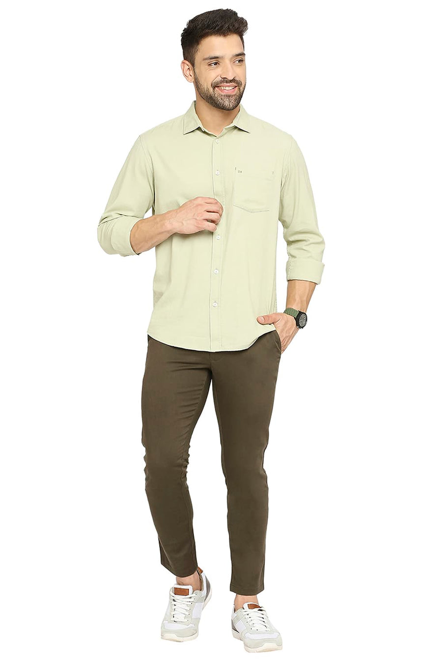 BASICS TAPERED FIT FOREST NIGHT GREEN COTTON STRETCH DOBBY TROUSERS