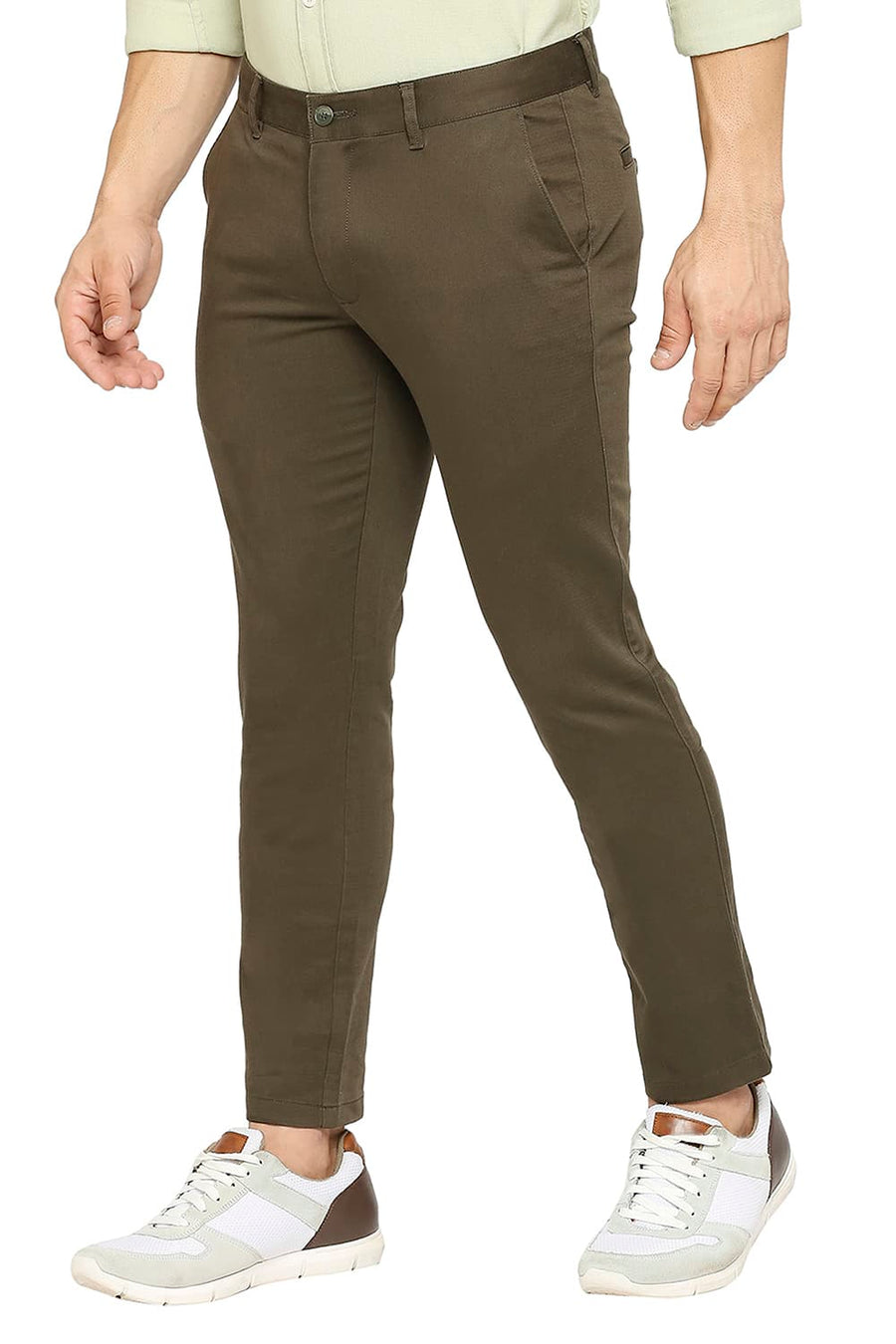 BASICS TAPERED FIT FOREST NIGHT GREEN COTTON STRETCH DOBBY TROUSERS